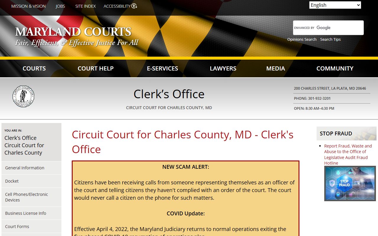 charles county circuit court clerk traffic court records la plata