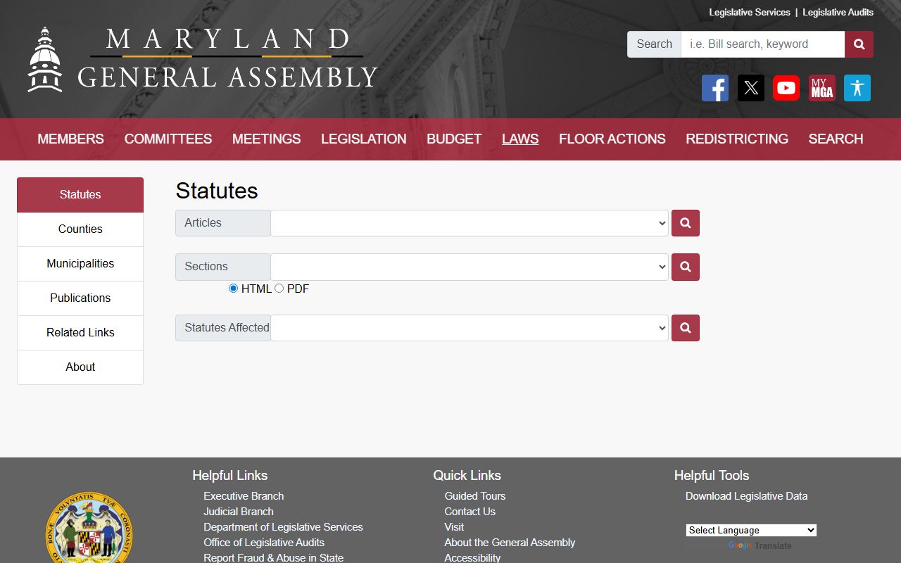 Maryland Code Search page for looking up traffic laws and statutes