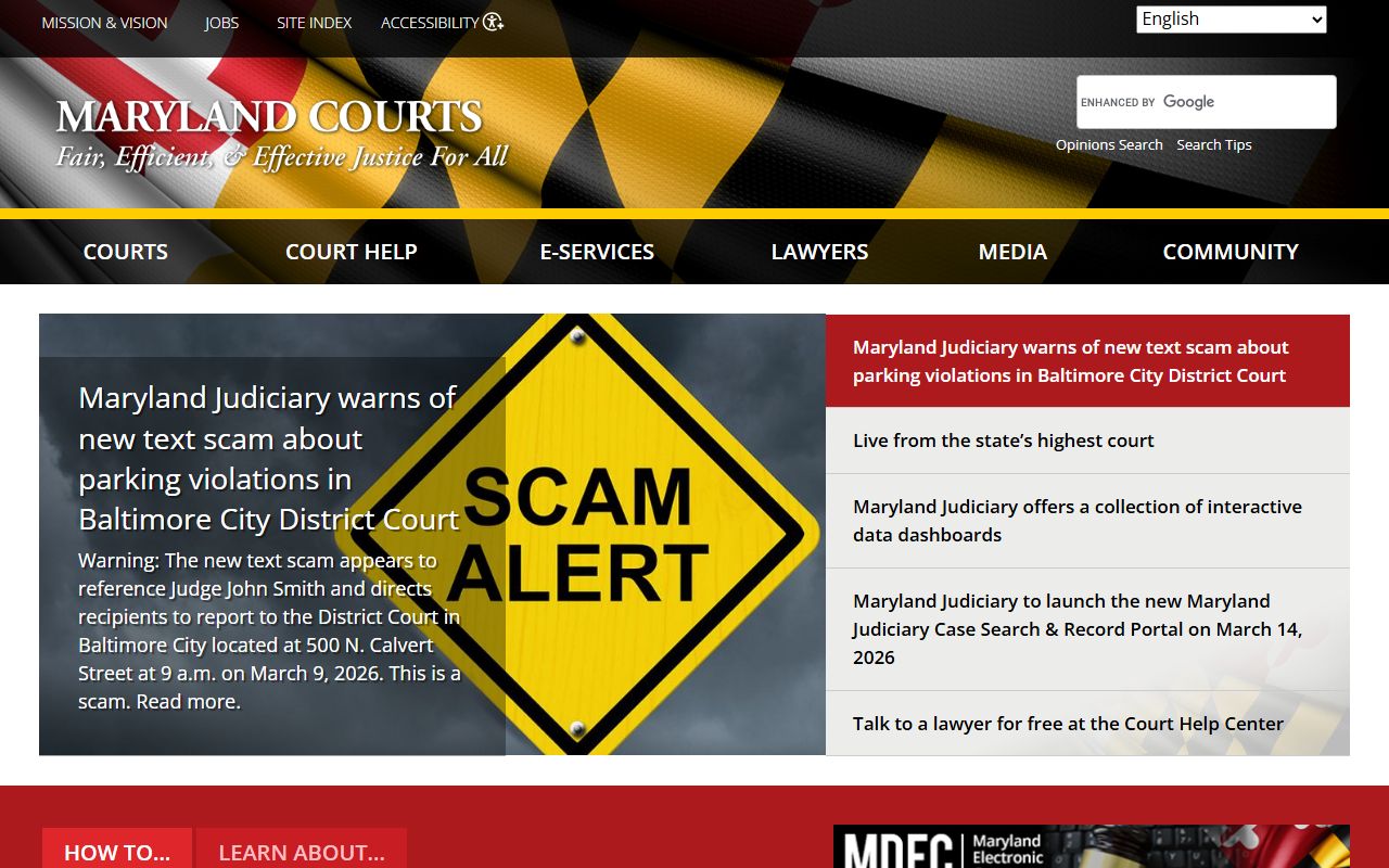 Maryland Judiciary homepage with links to traffic court records and resources