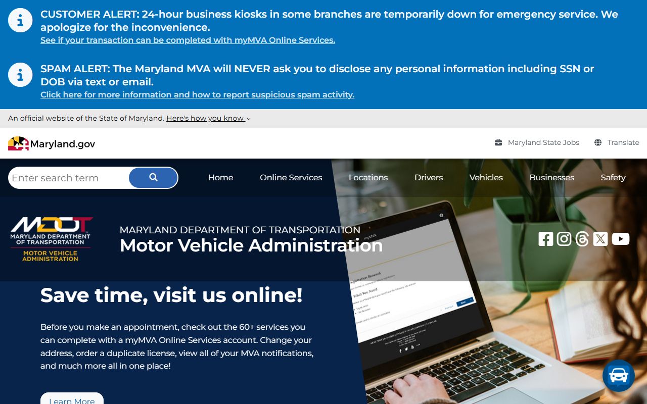Maryland MVA online services portal for driver records and license status