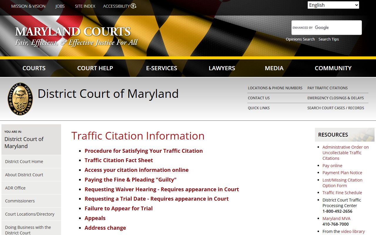 Maryland District Court traffic citation information and self-help guide